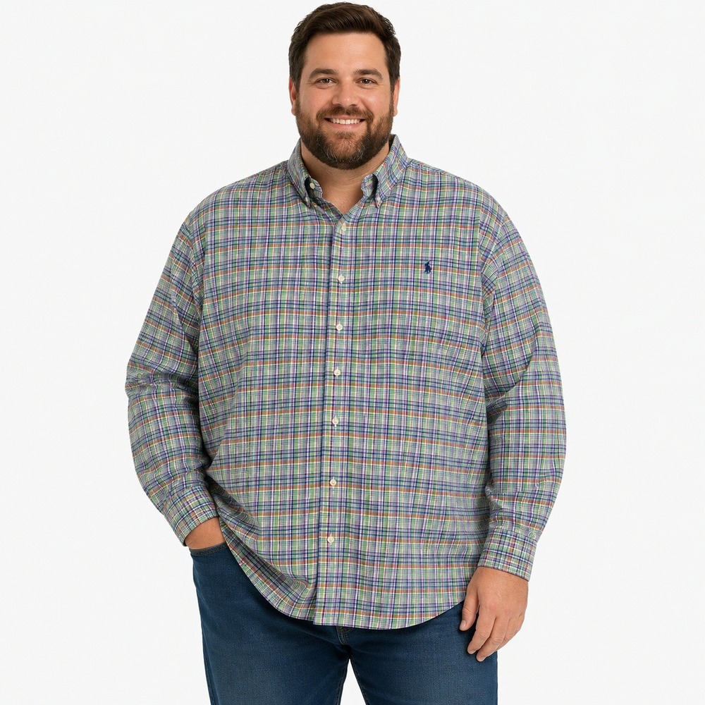 Ralph Lauren Button Down Shirt Mens 3XB Green Purple Plaid Classic Fit Cotton